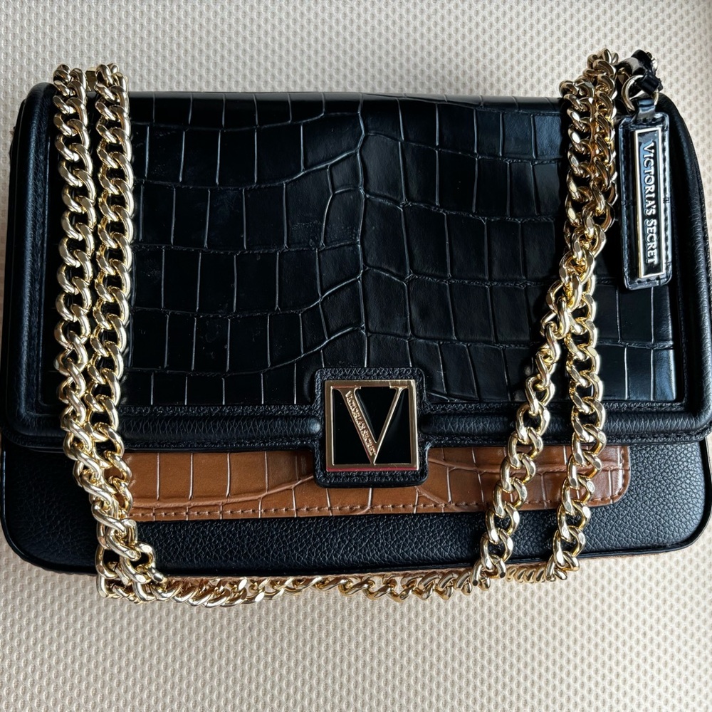 Victoria's Secret Black and Brown Croc-Embossed Chain Bag
